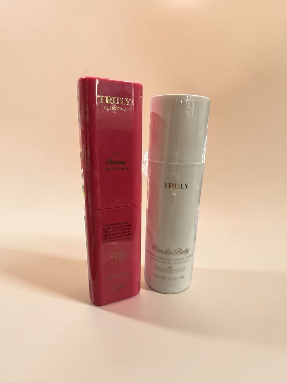 Truly cleansing body serum and shave cream in vanilla baby